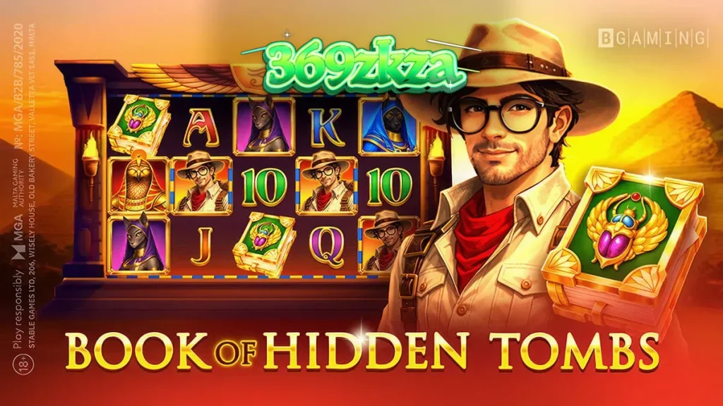 Tampilan antarmuka slot Book of Hidden Tombs pada layar ponsel pintar dengan latar belakang makam Mesir yang gelap.